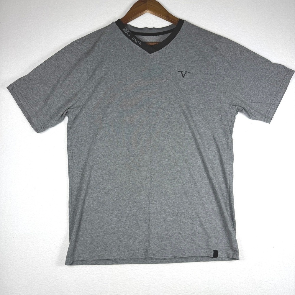 Versace 1969 Italia Mens V-Neck T-Shirt Gray Short Sleeve Cotton XL Logo